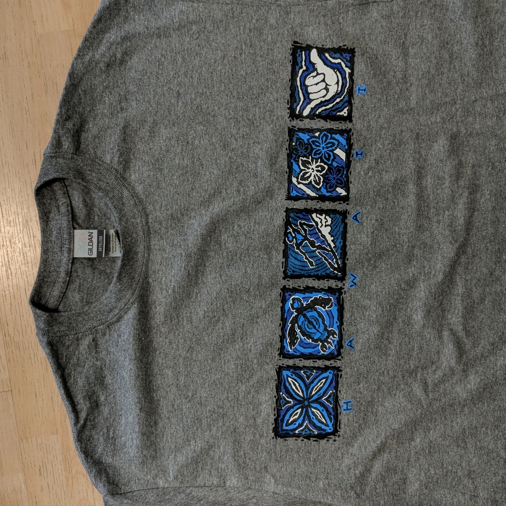 Gray t-shirt with blue/white Hawaiian surf print, size M
